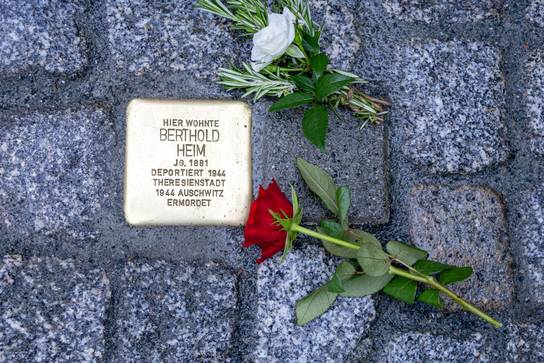Zu sehen ist ein goldener Stolperstein aus Messing, verlegt auf dem Gehweg. 