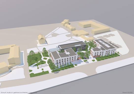 Zu sehen ist die Visualisierung des neuen Campus mit drei Gebäuden. 